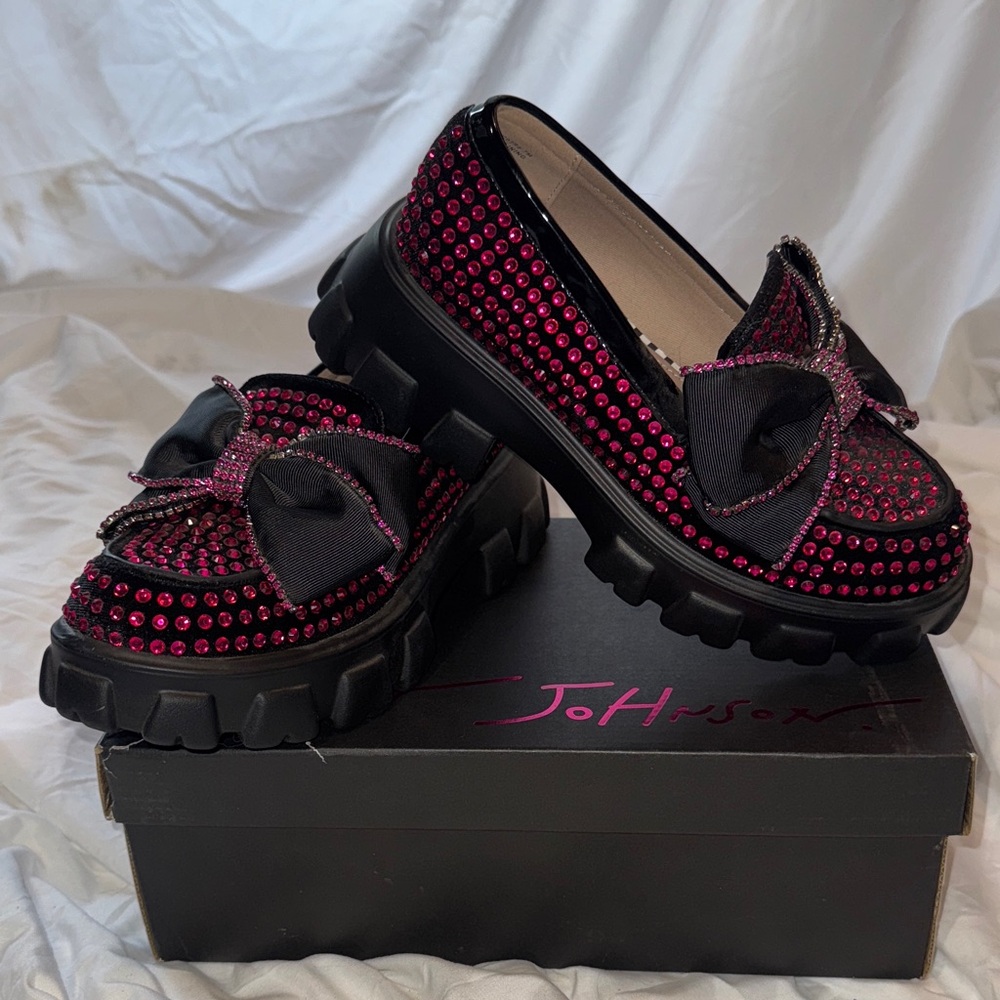 Betsey Johnson Pink and Black Rhinestone Loafers with Bow